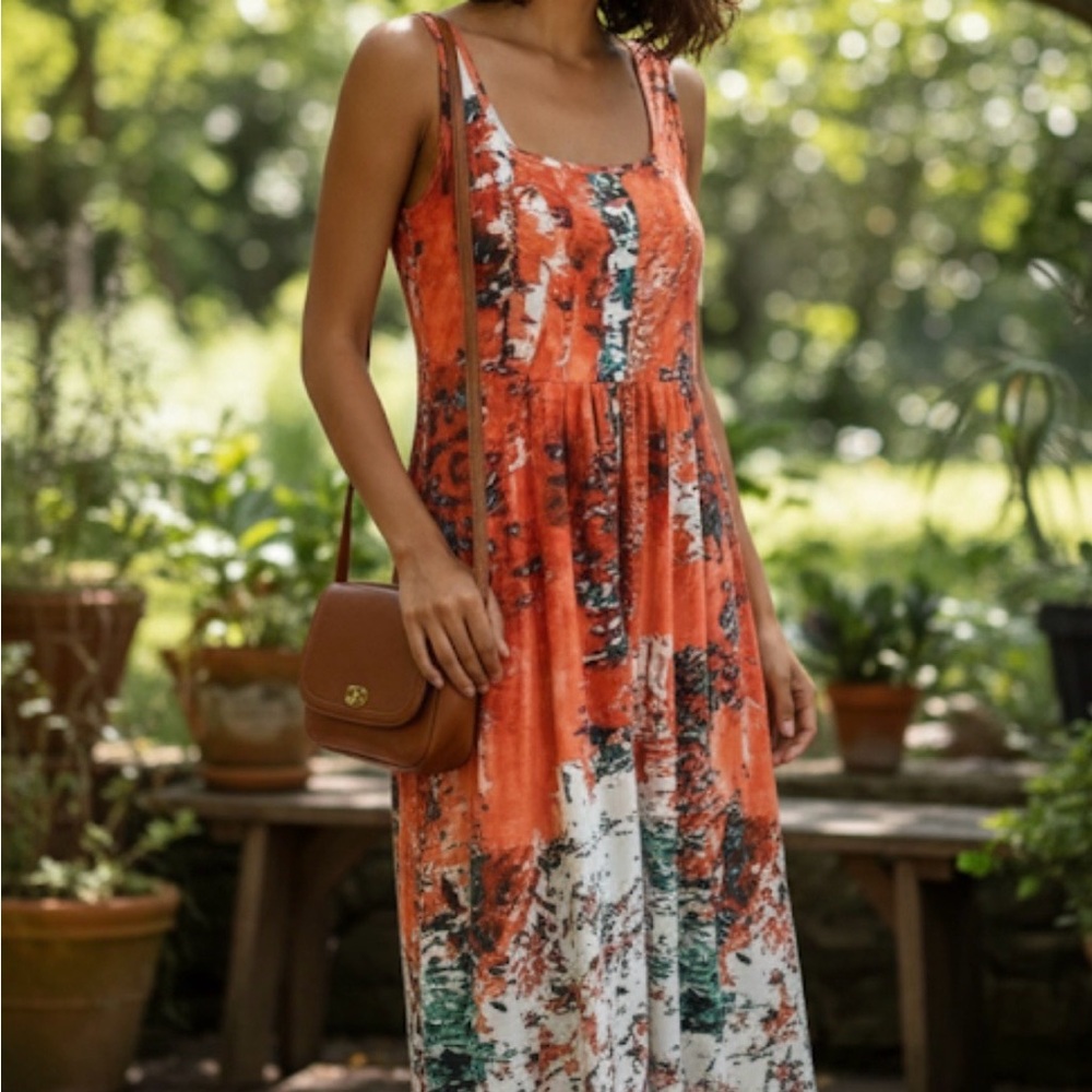 Abstract Floral Print Midi Sundress, Women’s L, Multicolor